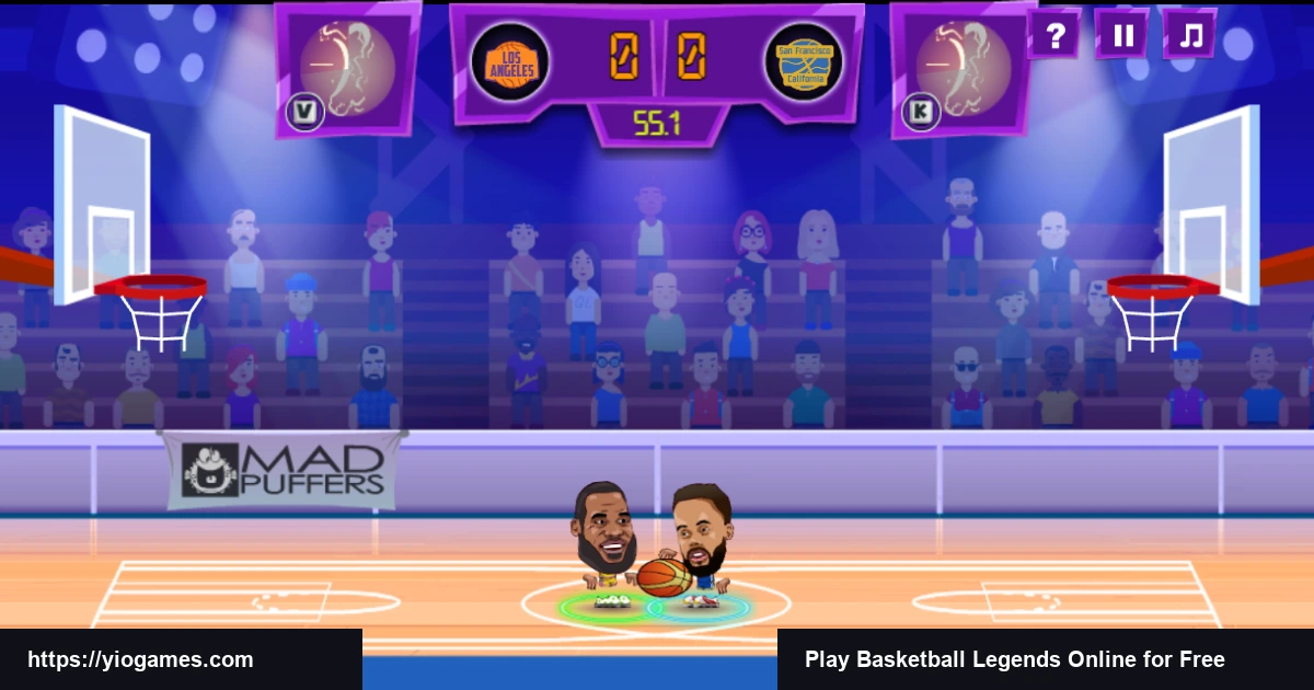 Basketball Legends unblocked 2-player match LeBron James versus Stephen Curry jump ball on court