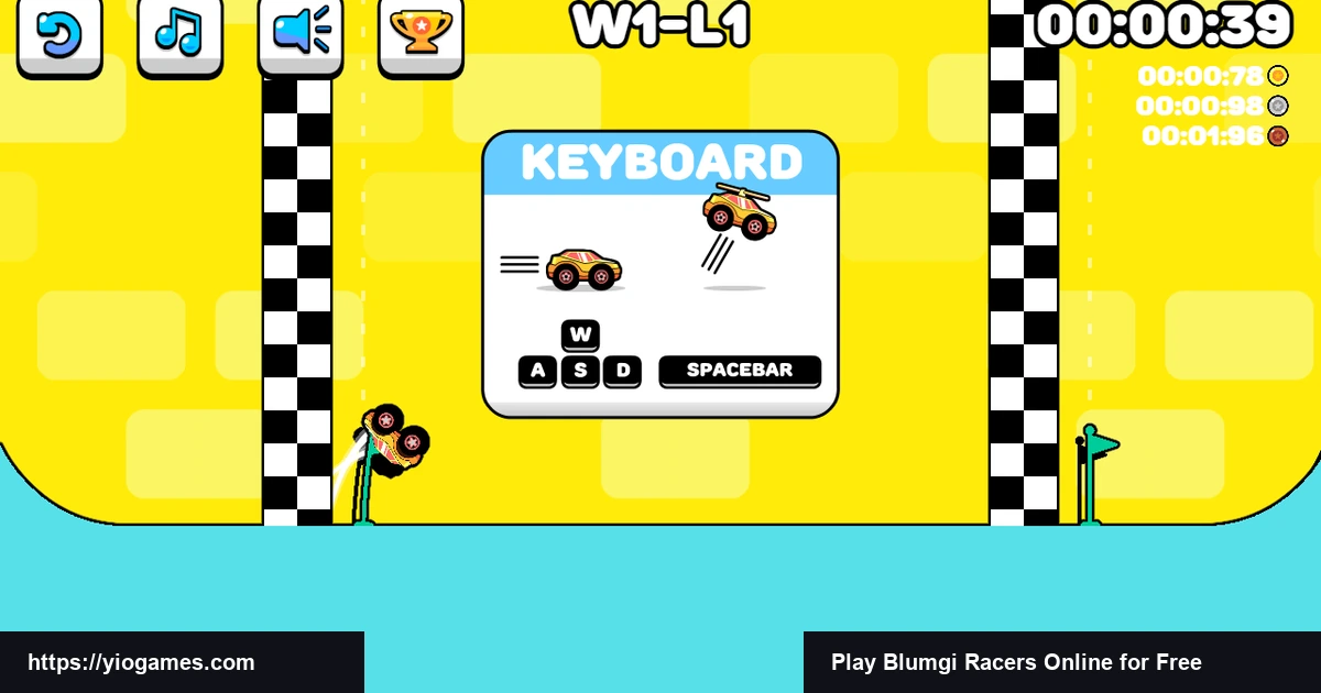 Blumgi Racers level 1 stunt car rocket jump and flip over the start gate on YioGames
