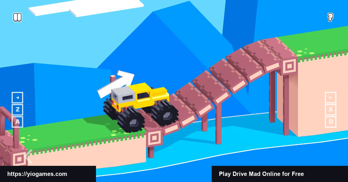 Drive Mad unblocked authentic gameplay monster truck balancing over wooden bridges