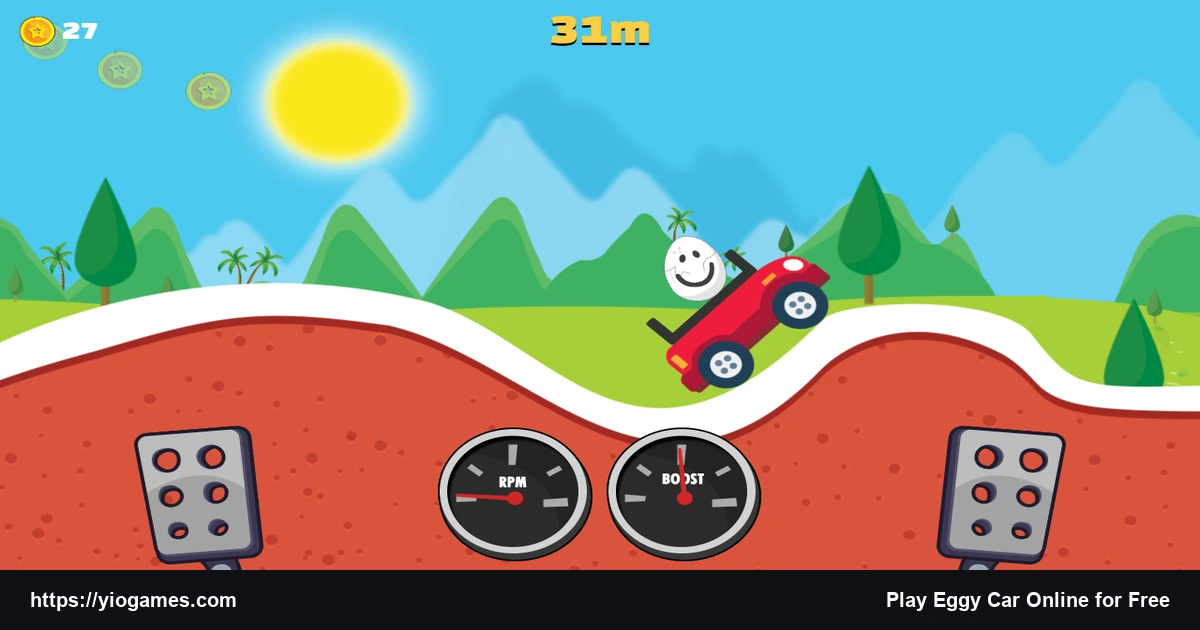 Eggy Car navigating a steep green hillside while balancing the happy egg on YioGames