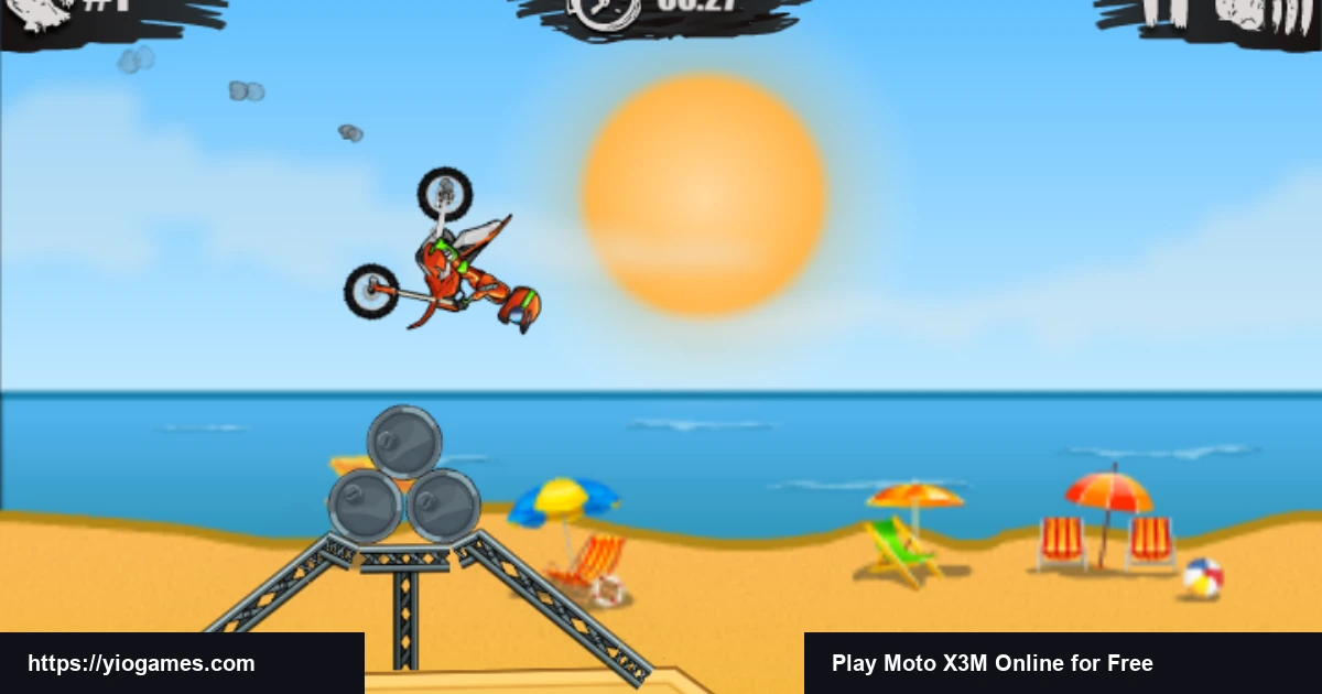 Moto X3M level 1 mid-air motorcycle flip over beach obstacles on YioGames